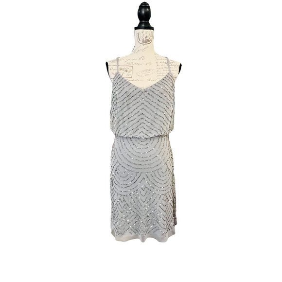 ADRIANNA PAPELL Womens Size 8 Blouson Cocktail Dress BEADED Grey Short PARTY - Picture 1 of 14